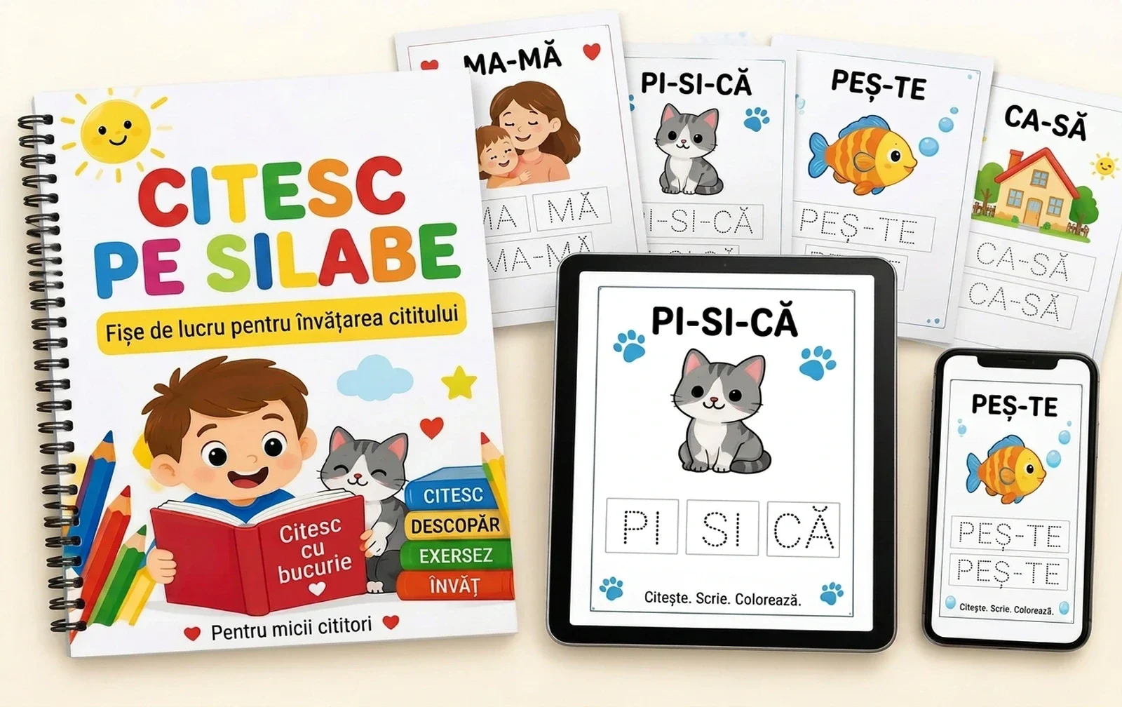 Pachetul Citesc pe silabe — caiet, tabletă și telefon cu fișe de lucru